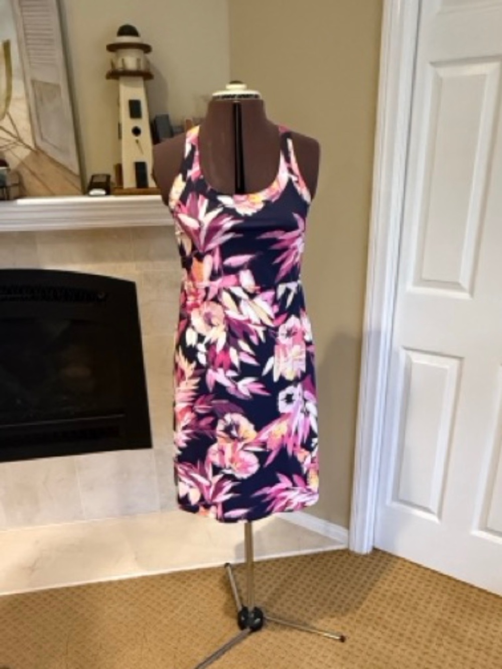 Columbia Floral Racerback Dress Pink Navy Sleeveless Size M